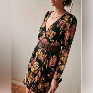 Sezane Black Floral Long Sleeve V-Neck Dress